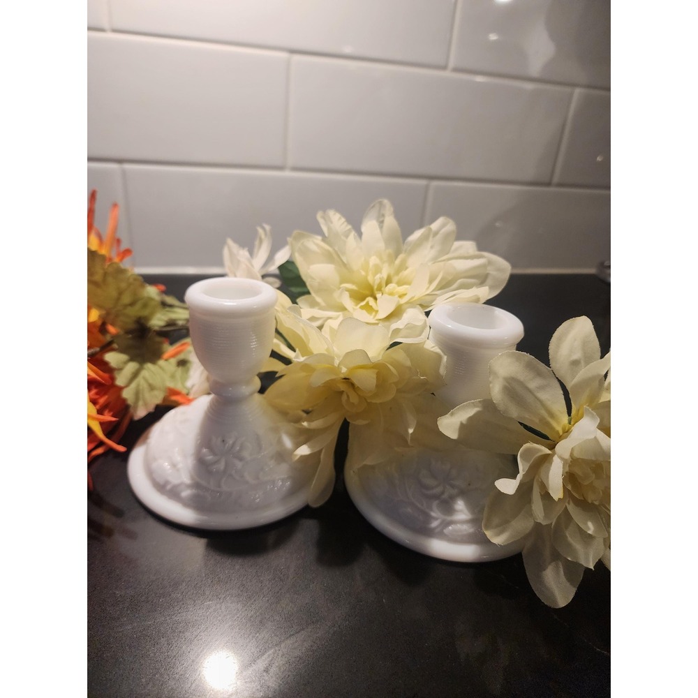 Vintage Milk Glass Candlestick Pair White Embossed Floral Mid Century Decor